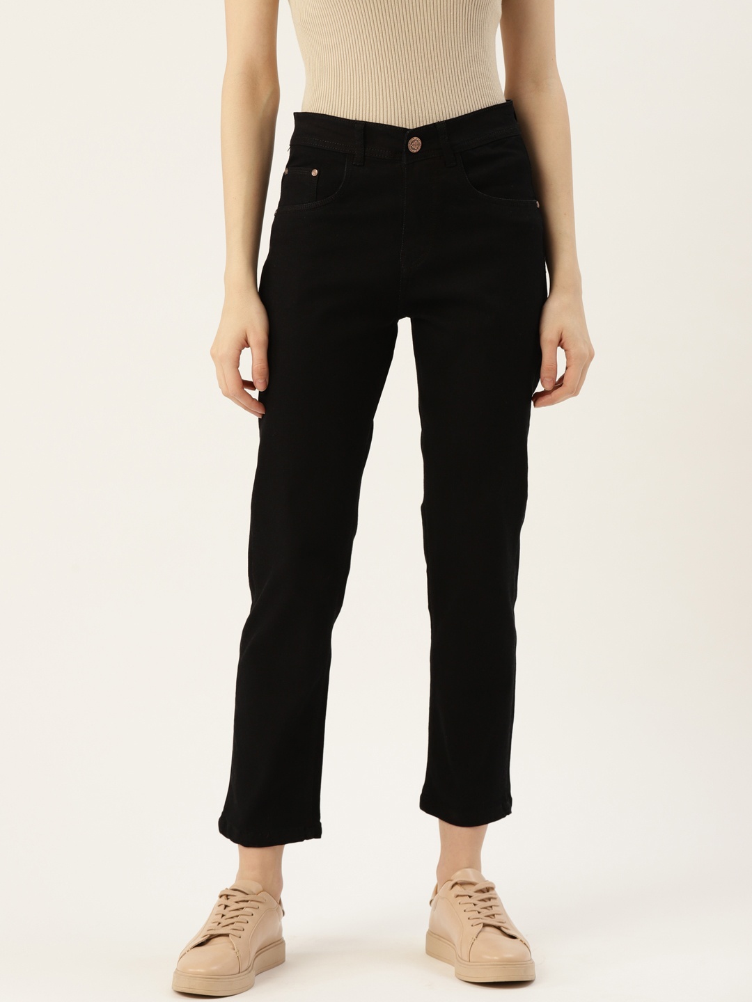 

PARIS HAMILTON Women Black Boyfriend Fit High-Rise Clean Look Cropped Stretchable Jeans