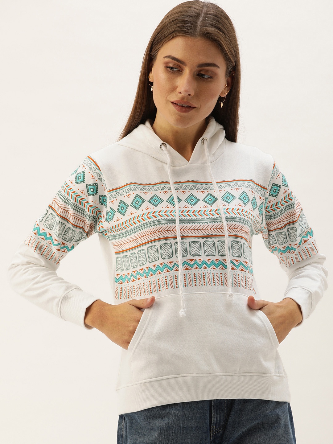 

The Dry State Women White & Blue Tribal Printed Hooded Pullover Sweatshirt