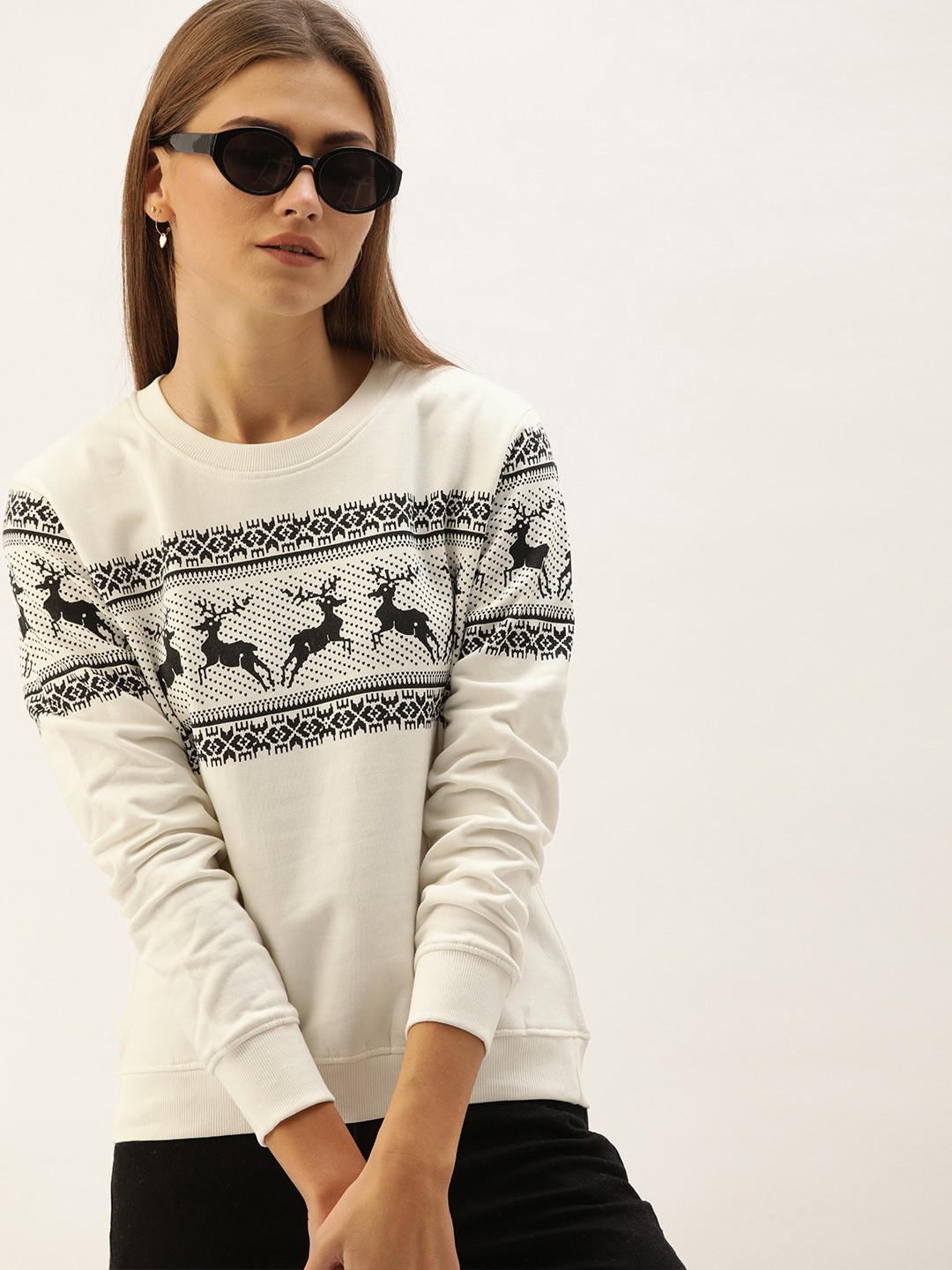 

The Dry State Women Off-White & Black Tribal Printed Pullover Sweatshirt