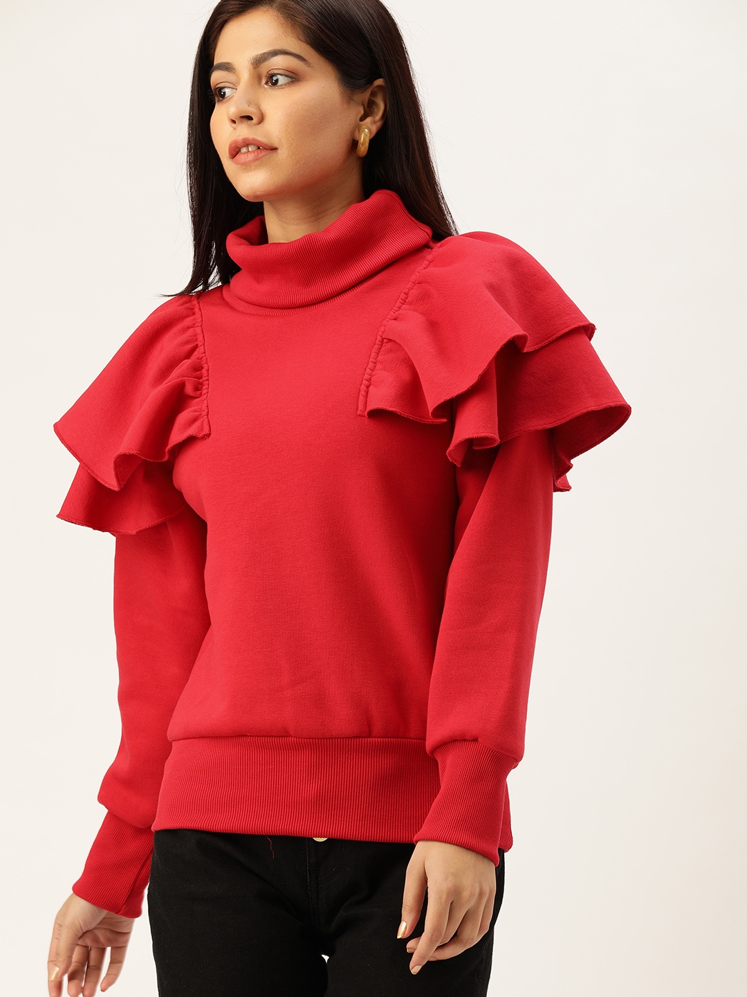 

The Dry State Women Red Solid Pullover Sweatshirt with Frills