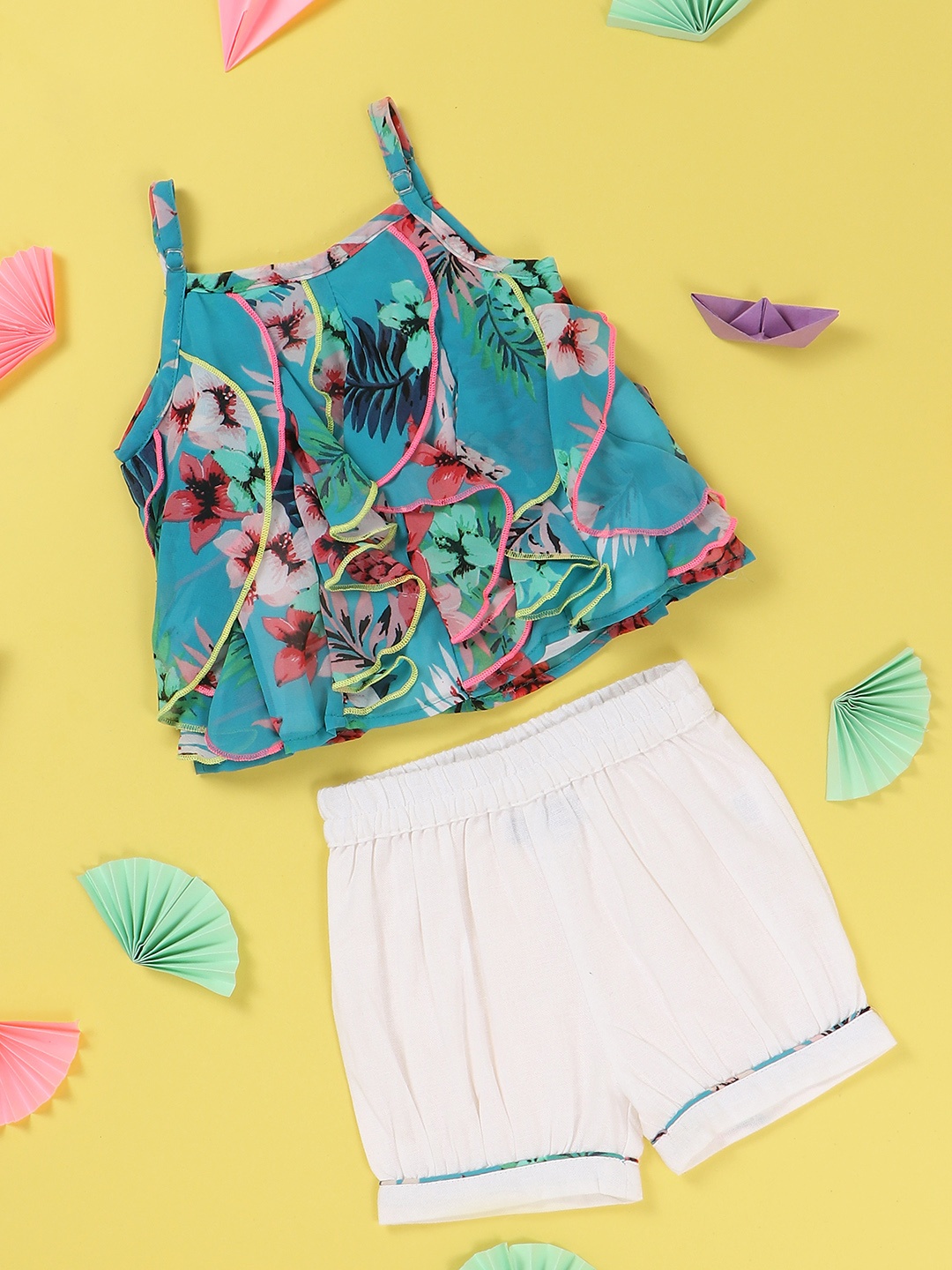 

Nauti Nati Girls Green & Pink Floral Print Ruffled Top with Solid Shorts