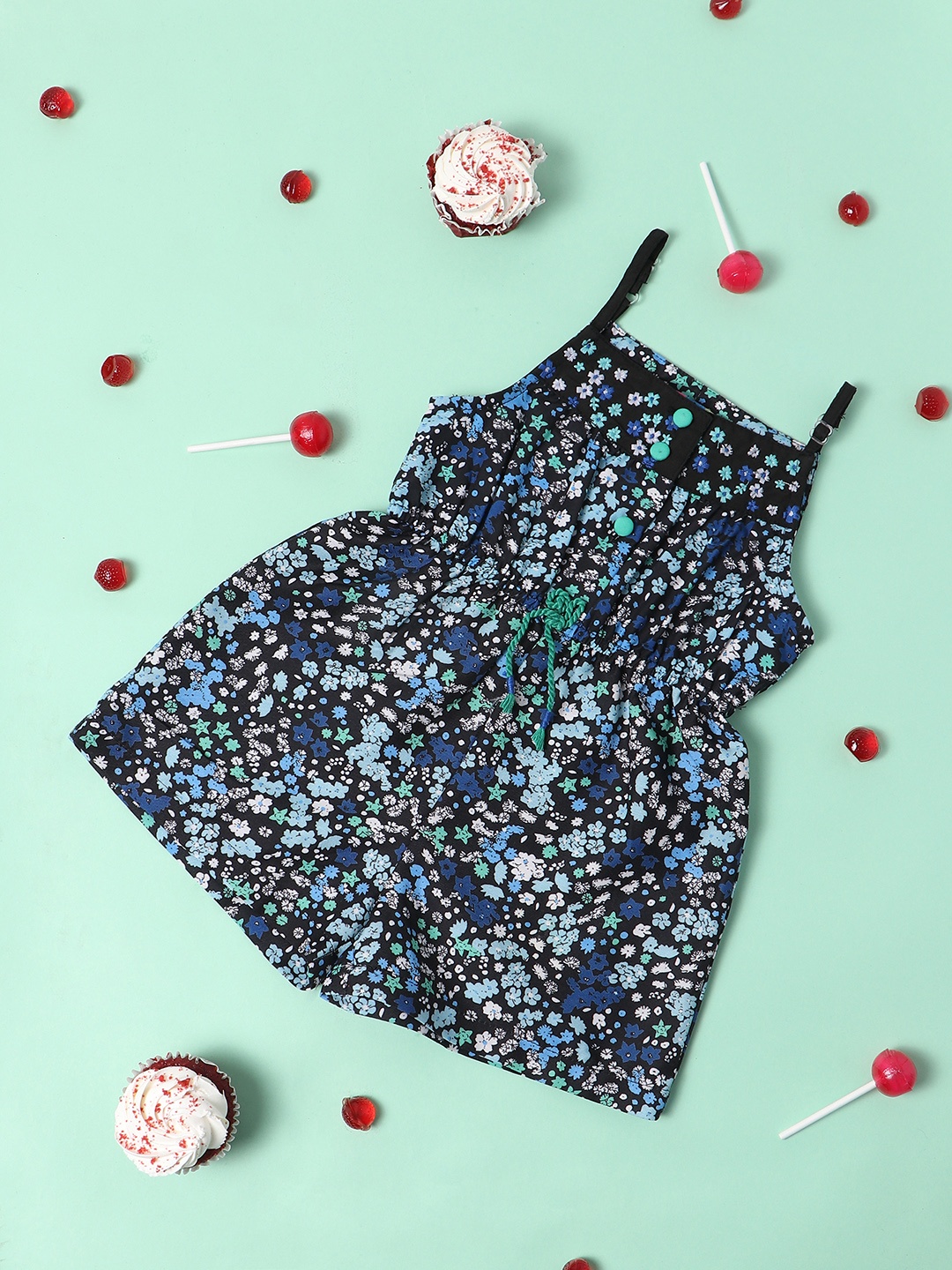 

Nauti Nati Girls Black & Blue Floral Print Playsuit with Waist-Tie Ups