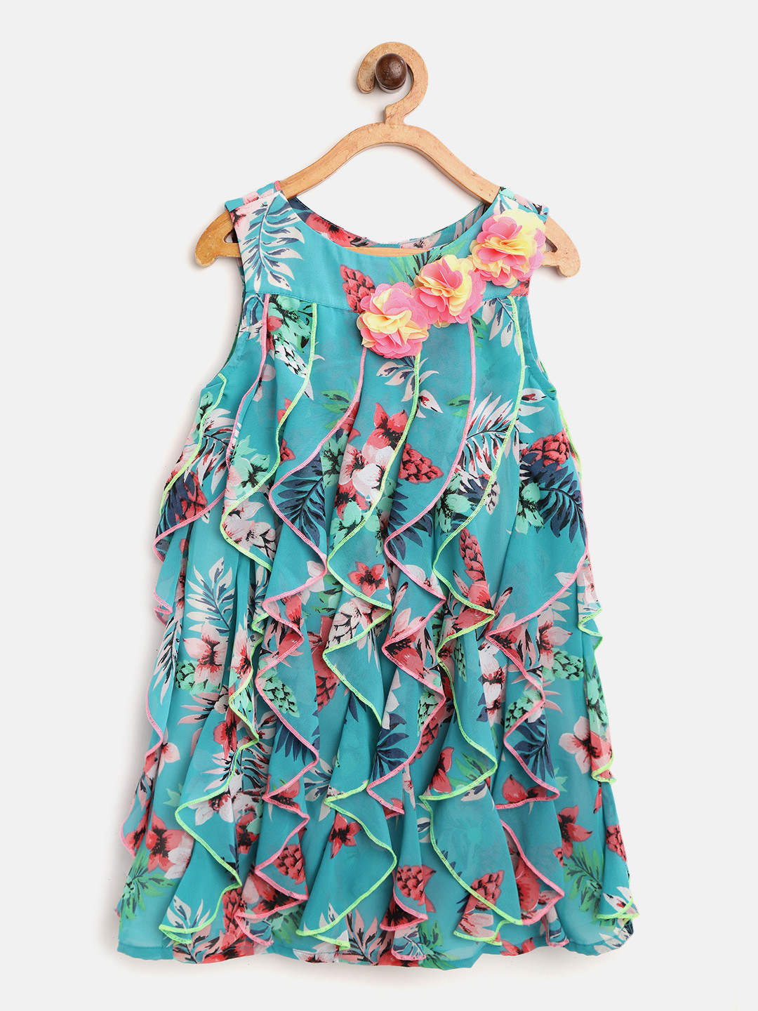 

Nauti Nati Girls Teal Green & Pink Floral Printed Ruffled A-Line Dress