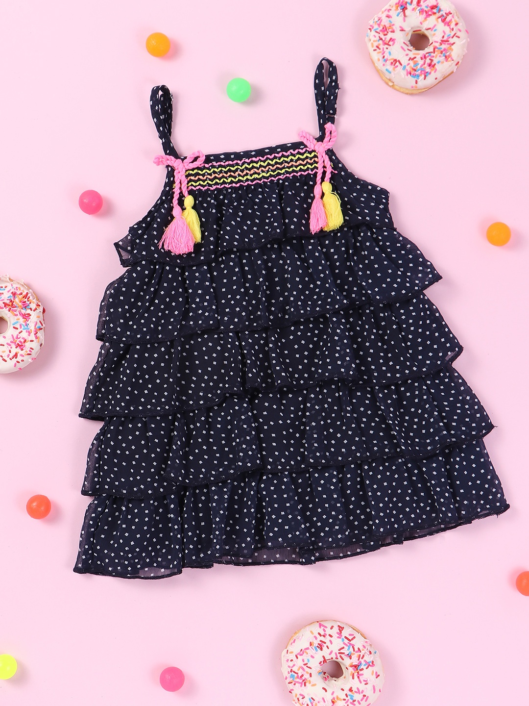 

Nauti Nati Girls Navy Blue Printed Layered A-Line Dress with Bow Detail with Tassels