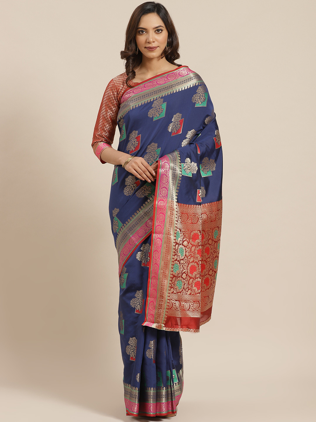 

Mitera Navy Blue & Golden Woven Design Banarasi Saree