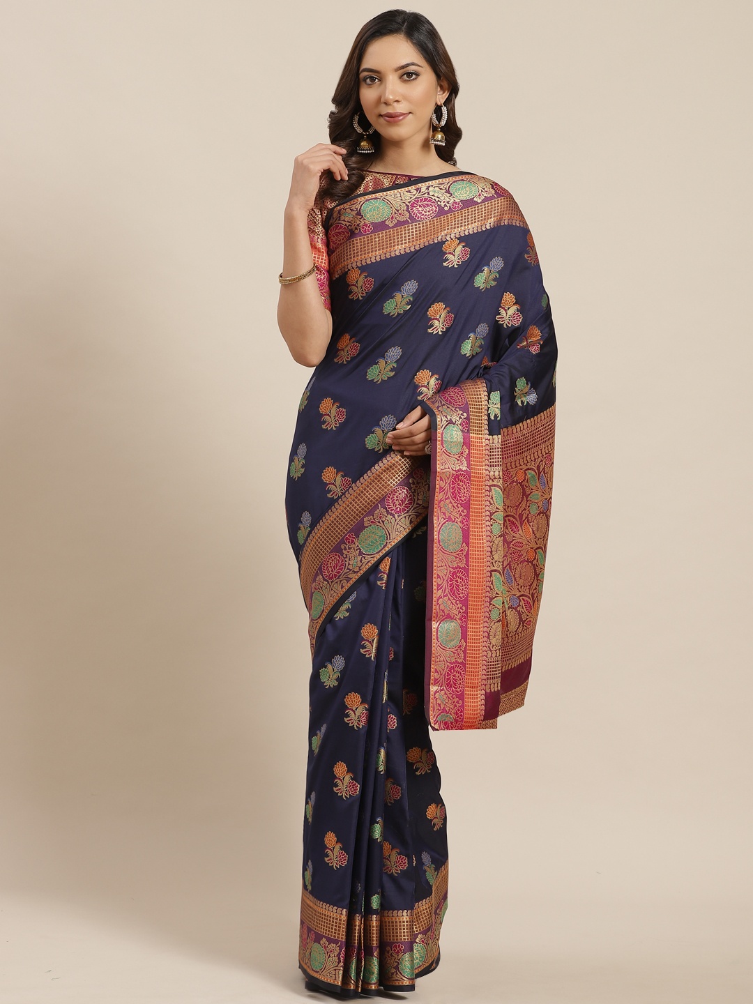 

Mitera Navy Blue & Golden Woven Design Banarasi Saree