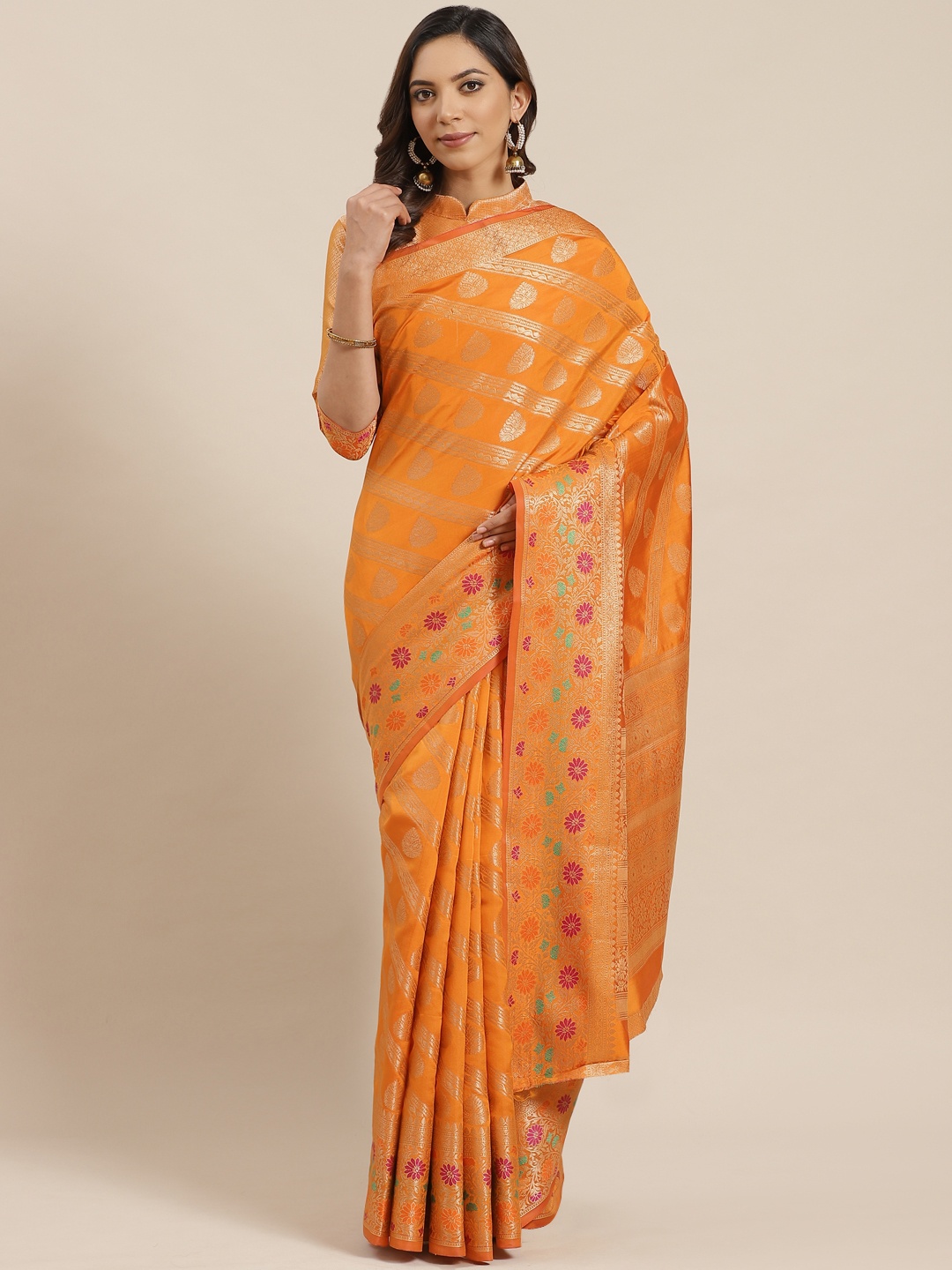 

Mitera Orange & Golden Zari Woven Design Banarasi Saree