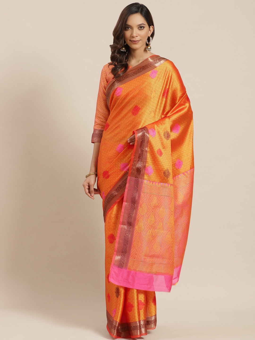 

Mitera Orange & Golden Zari Woven Design Banarasi Saree