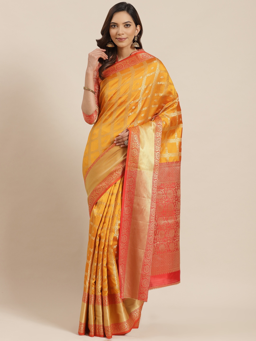 

Mitera Mustard Yellow & Golden Zari Woven Design Banarasi Celebrity Saree