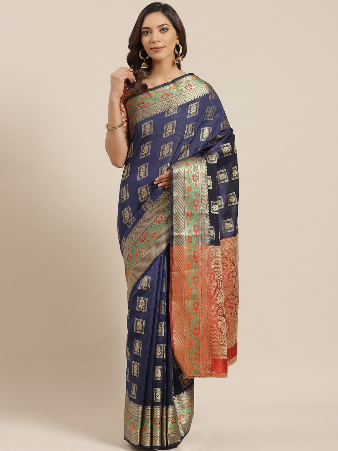 

Mitera Navy Blue & Golden Zari Woven Design Banarasi Saree