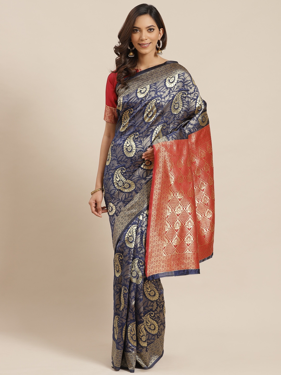 

Mitera Navy Blue & Golden Zari Woven Design Banarasi Saree