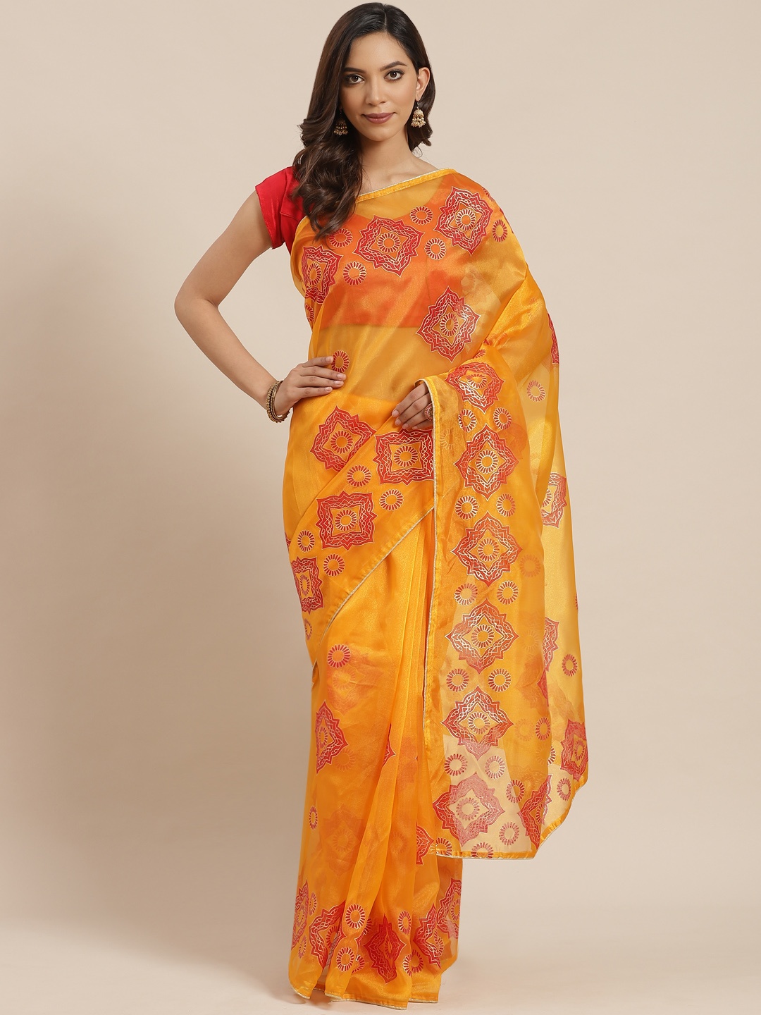 

Blissta Orange & Red Organza Block Print Celebrity Saree