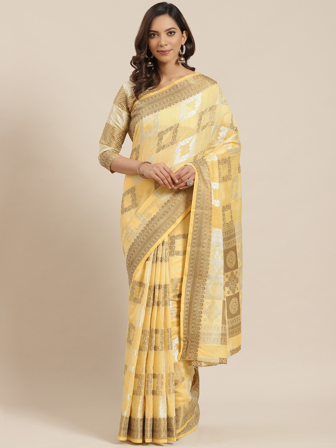 

Mitera Yellow & Golden Zari Woven Design Saree