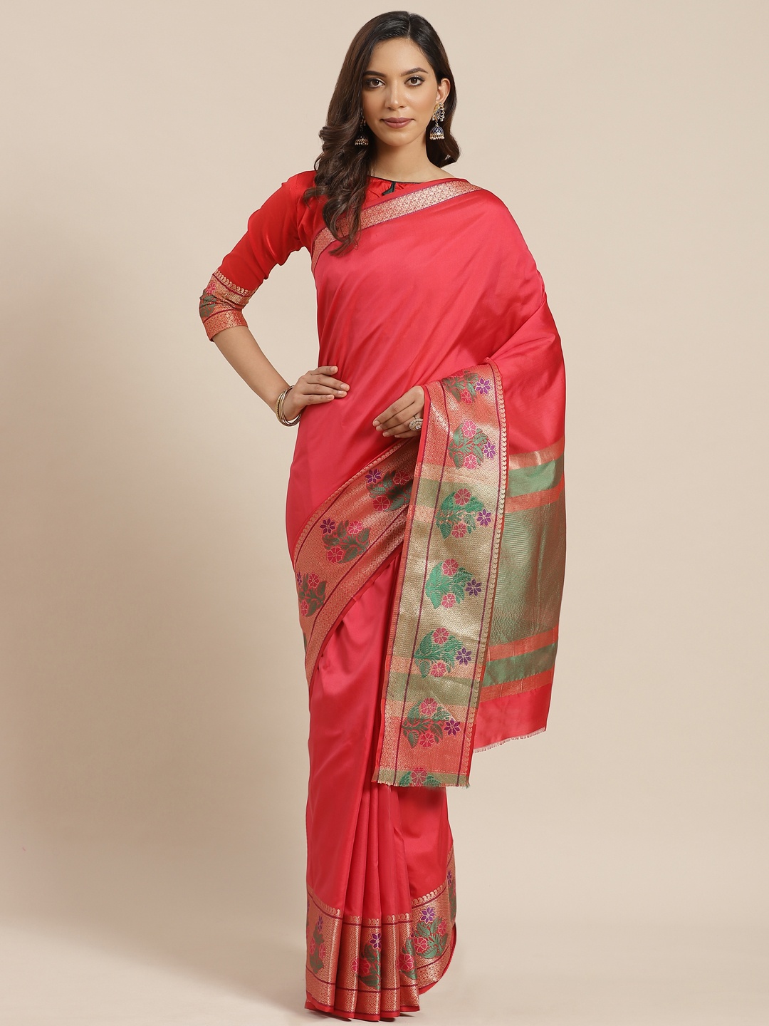 

Blissta Red Solid Banarasi Saree