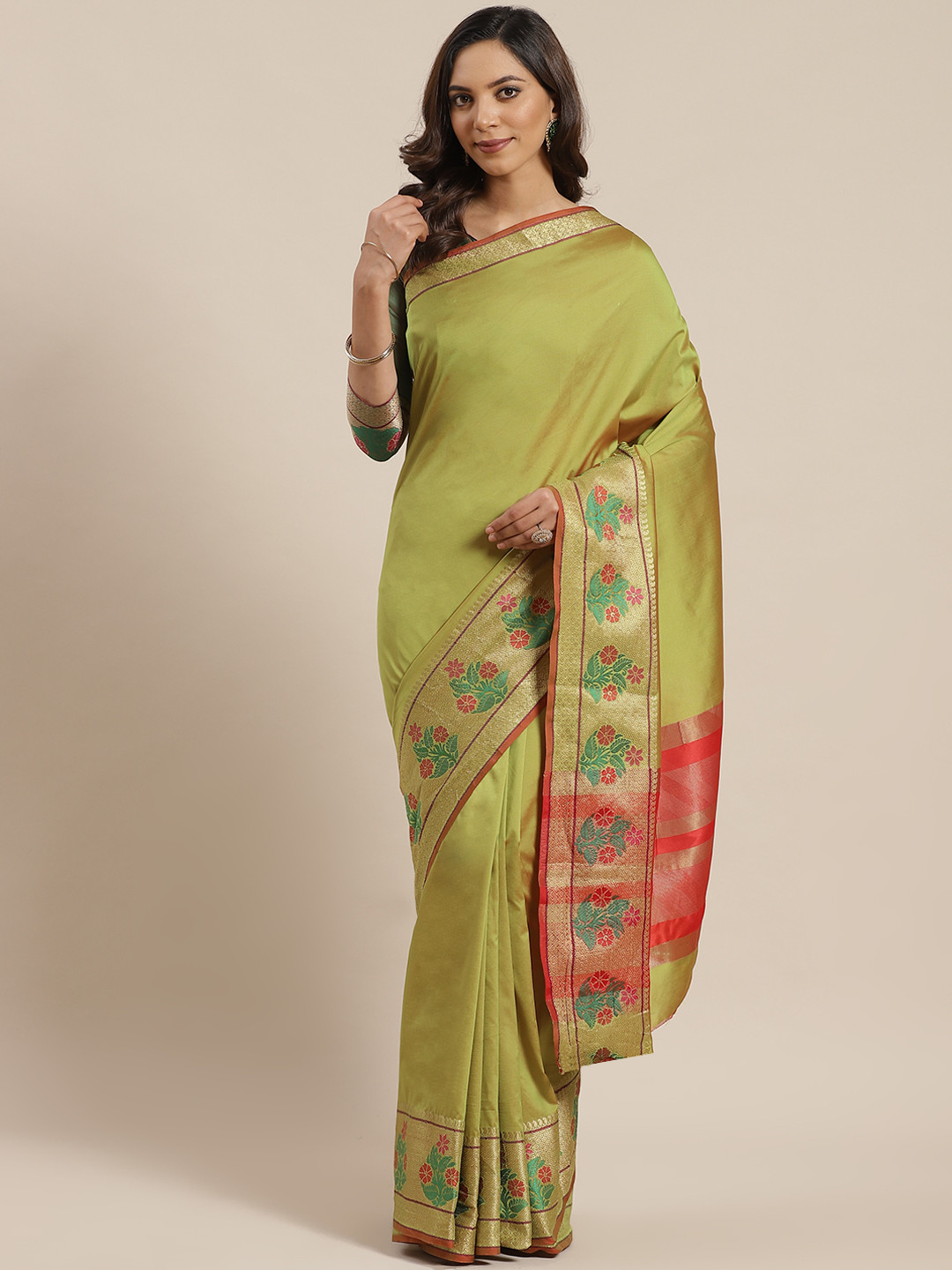 

Blissta Green Solid Banarasi Saree
