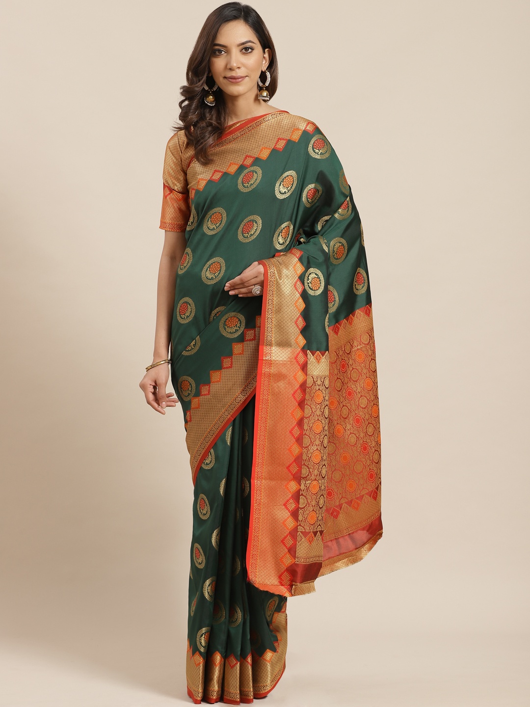 

Mitera Green & Orange Zari Woven Design Banarasi Saree