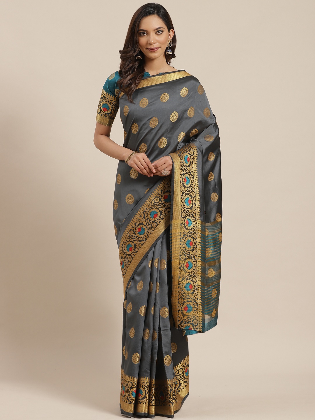 

Blissta Charcoal Grey & Golden Zari Woven Design Banarasi Saree