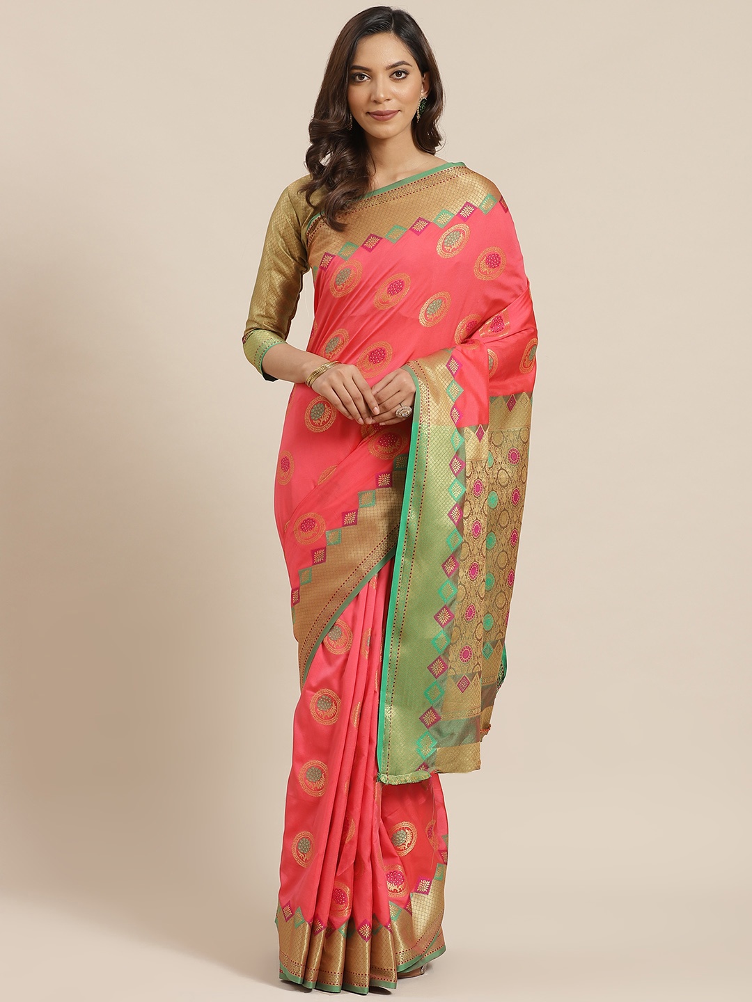 

Mitera Pink & Green Zari Woven Design Banarasi Saree