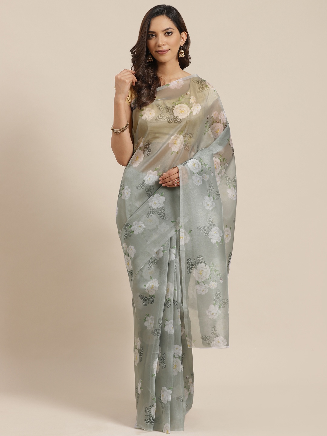 

Blissta Grey & White Organza Floral Print Saree