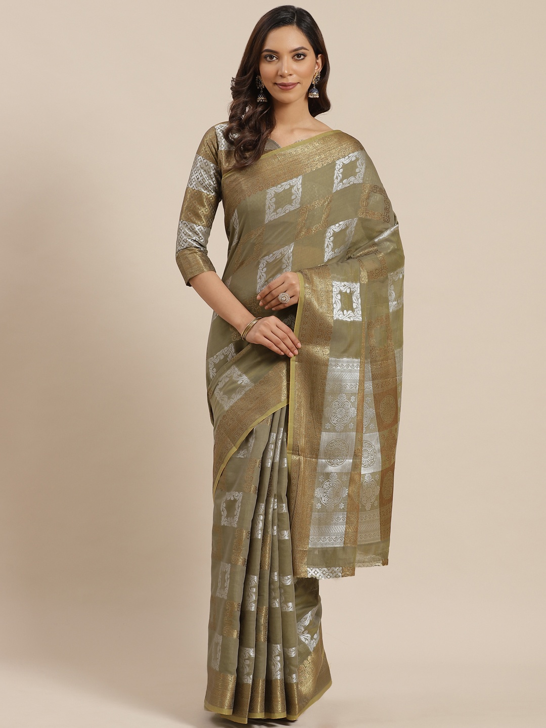 

Mitera Olive Green & Silver Zari Woven Design Saree