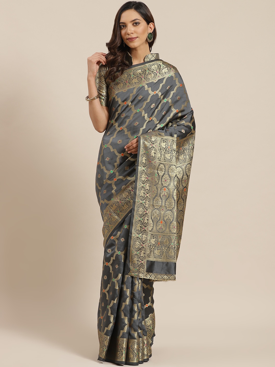 

Mitera Charcoal Grey & Golden Zari Woven Design Banarasi Saree