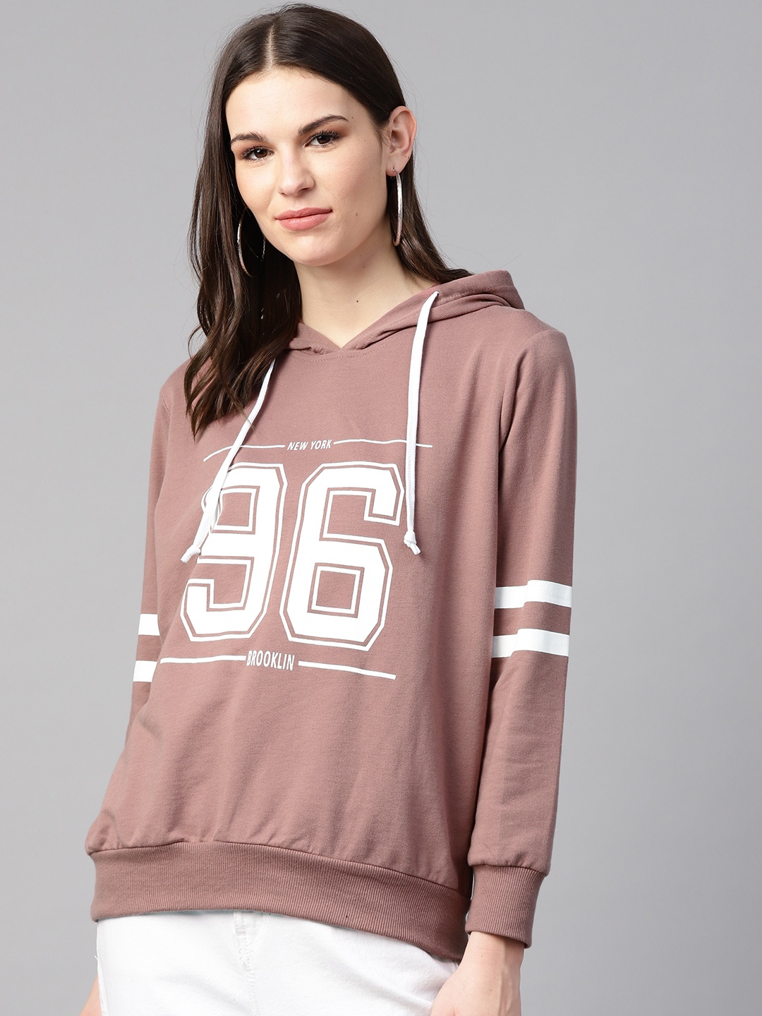 

plusS Women Dusty Pink & White Printed Hooded Sweatshirt