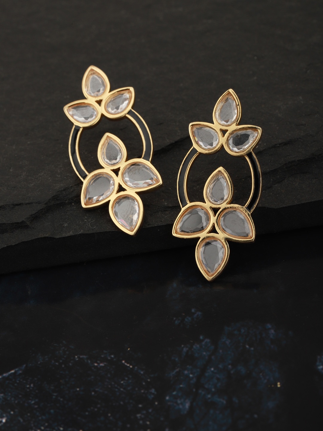 

Carlton London Black Gold-Plated Stone-Studded Enamelled Classic Drop Earrings