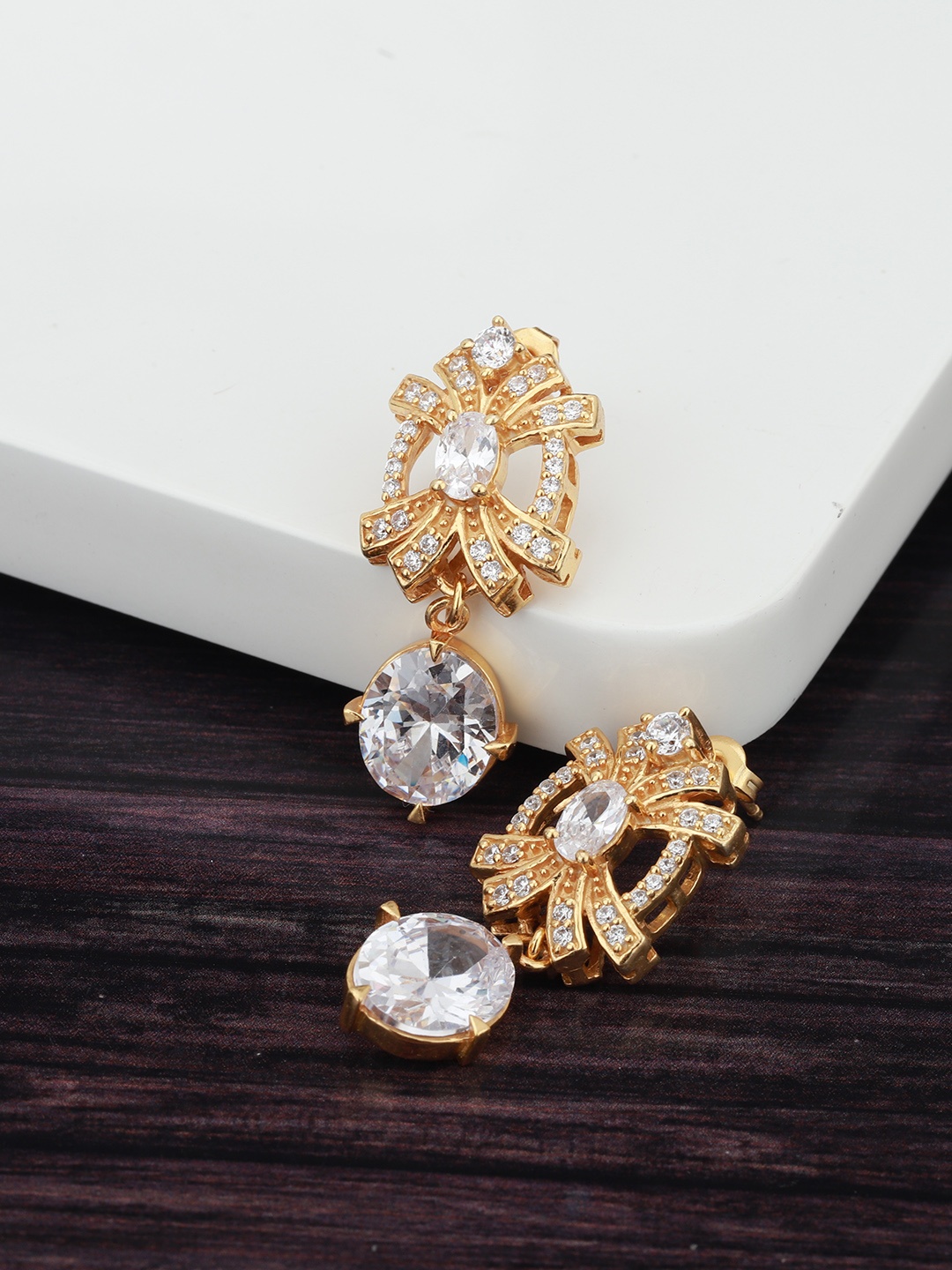 

Carlton London Gold-Plated CZ Studded Handcrafted Drop Earrings