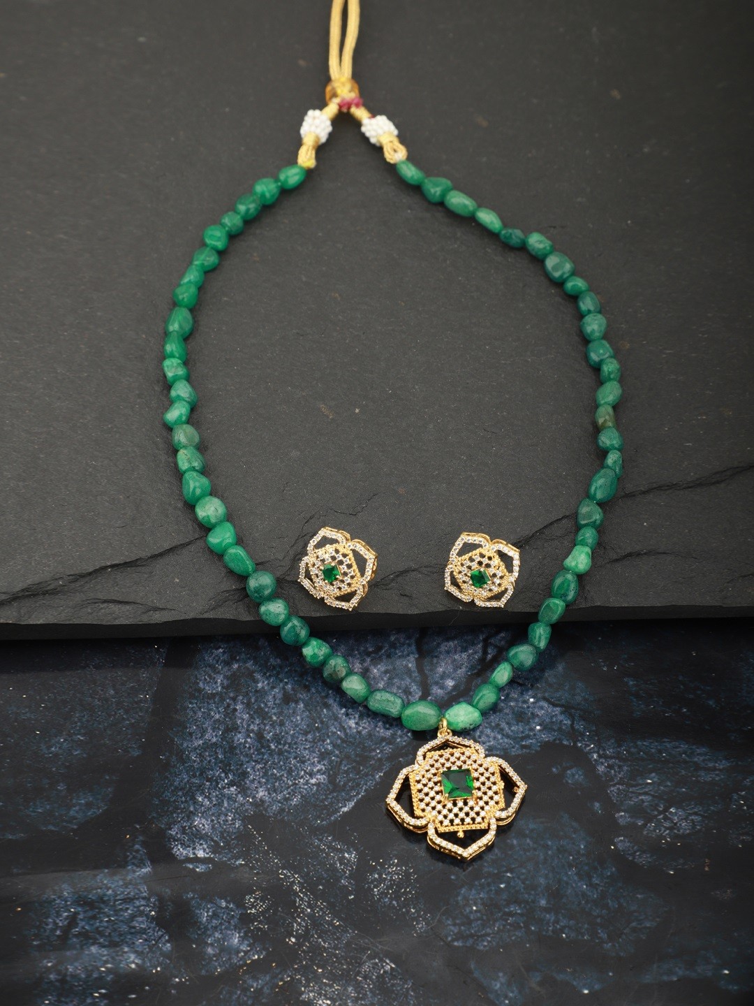 

Carlton London Green Gold-Plated Beaded CZ-Studded Handcrafted Jewellery Set