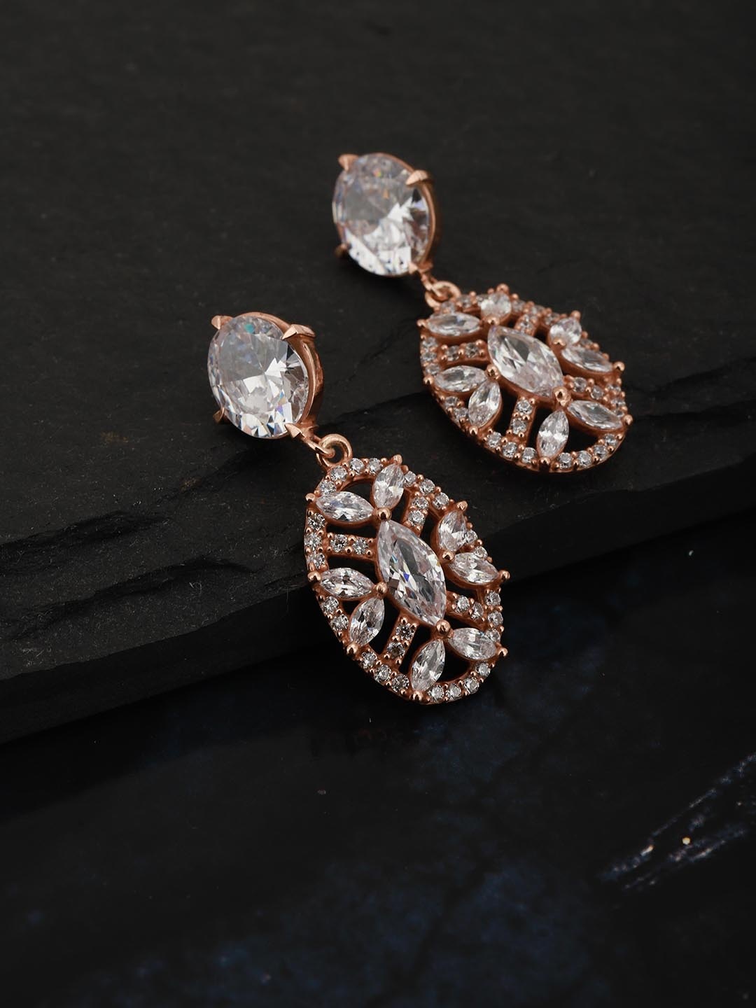 

Carlton London Rose Gold-Plated CZ-Studded Handcrafted Oval Drop Earrings