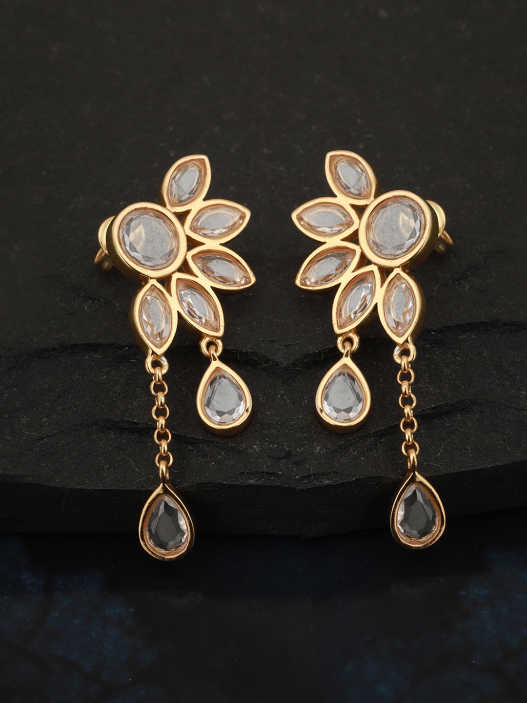 

Carlton London Transparent Gold-Plated Handcrafted Stone-Studded Floral Drop Earrings