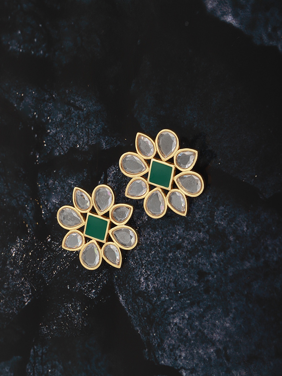 

Carlton London Transparent & Green Gold-Plated Stone-Studded Floral Studs