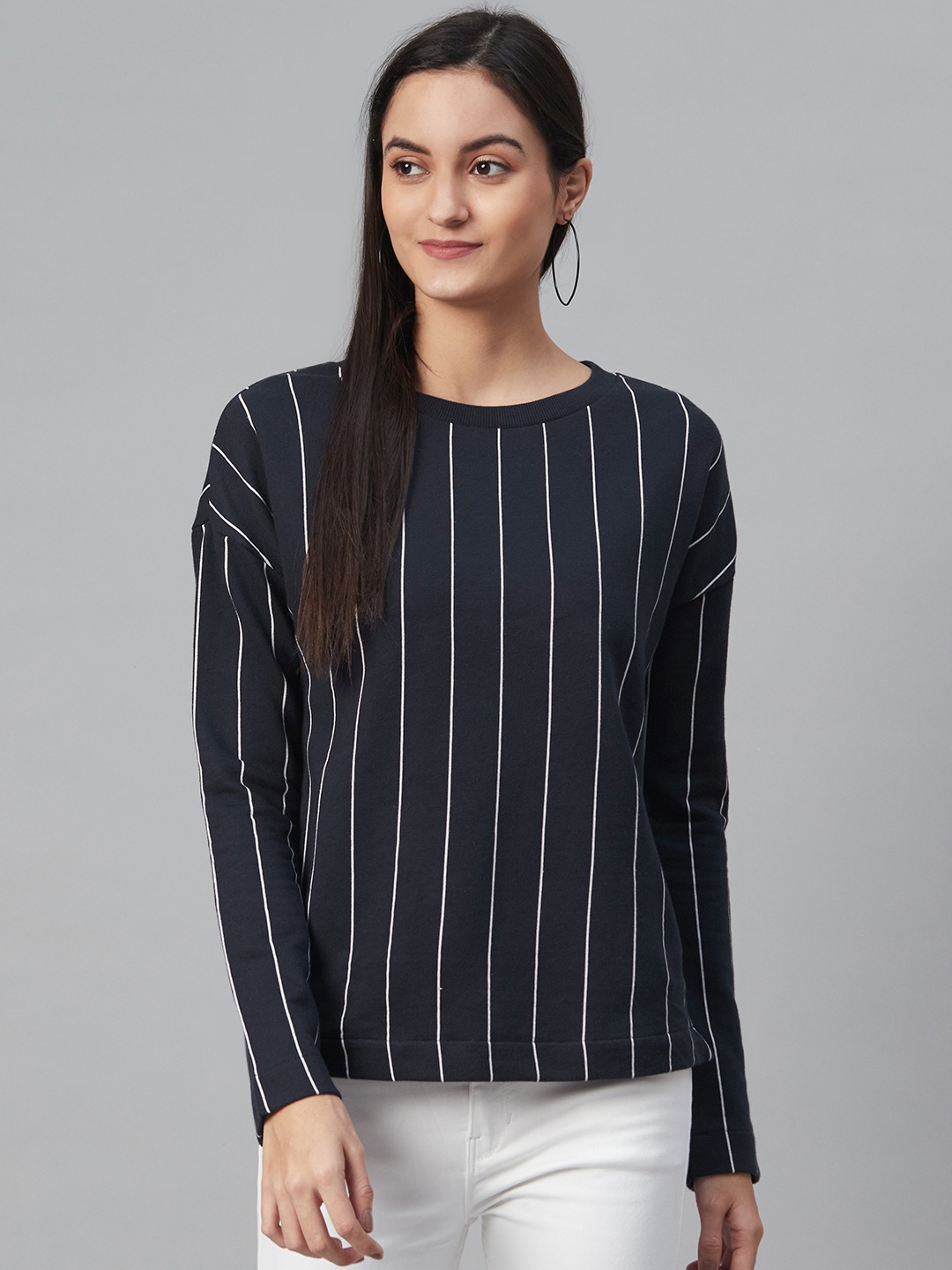 

Marks & Spencer Women Navy Blue & Off-White Striped Sweatshirt