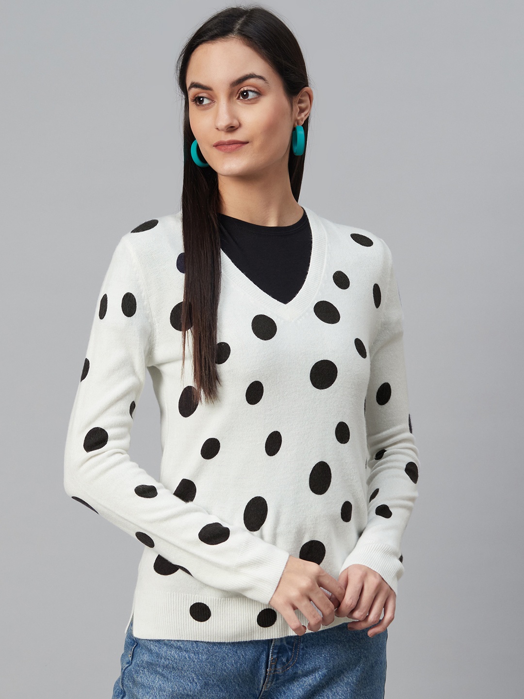

Marks & Spencer Women White & Navy Blue Polka Dot Print Pullover Sweater