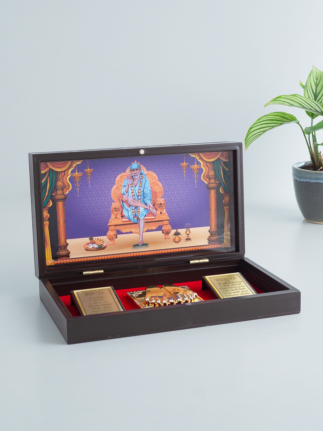 

Golden Peacock Brown & Blue 24 CT Gold Foil Wooden Sri Sai Baba Pooja Box