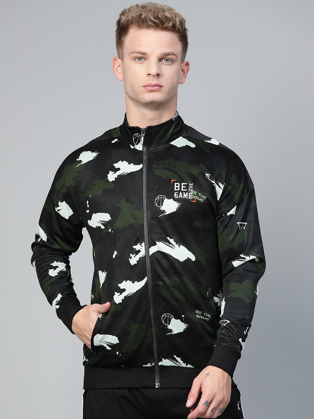

Alcis Men Olive Green & Black Abstract Print Bomber Jacket