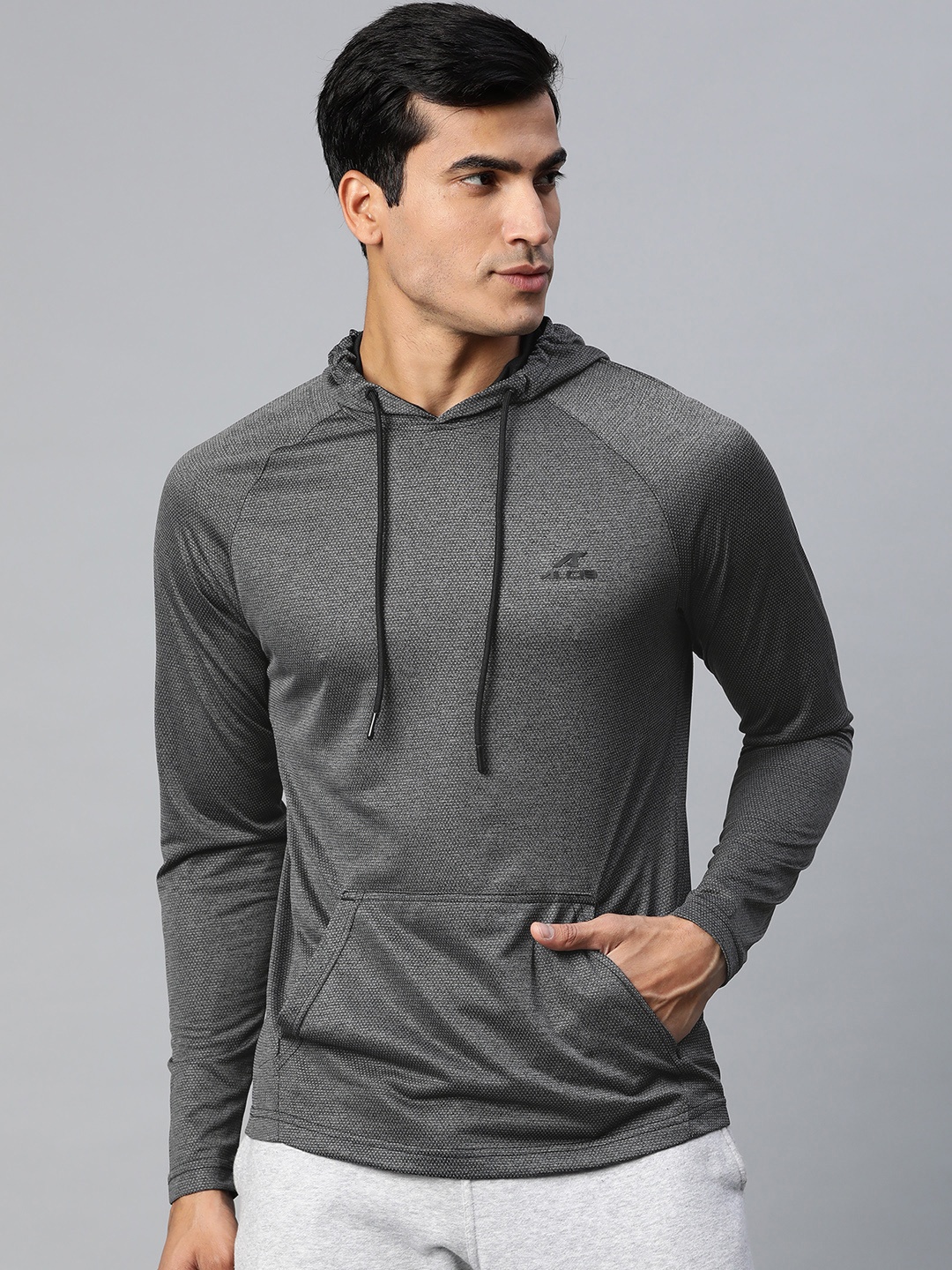 

Alcis Men Charcoal Grey Self Design Hooded Sweatshirt