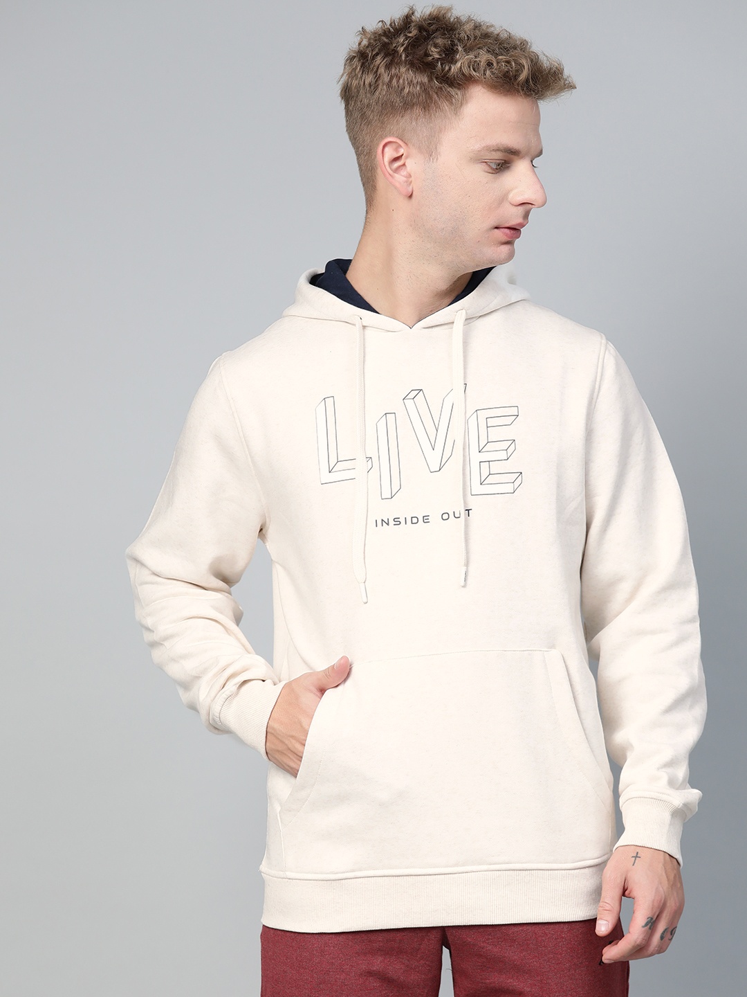 

Alcis Men Off-White Printed Hooded Sweatshirt