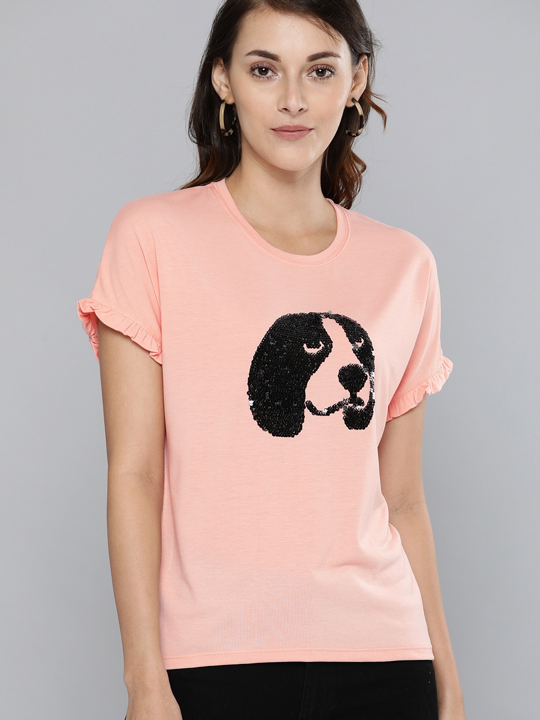 

Chemistry Women Peach-Coloured Mermaid Sequins Round Neck T-shirt With Ruffle Detailing