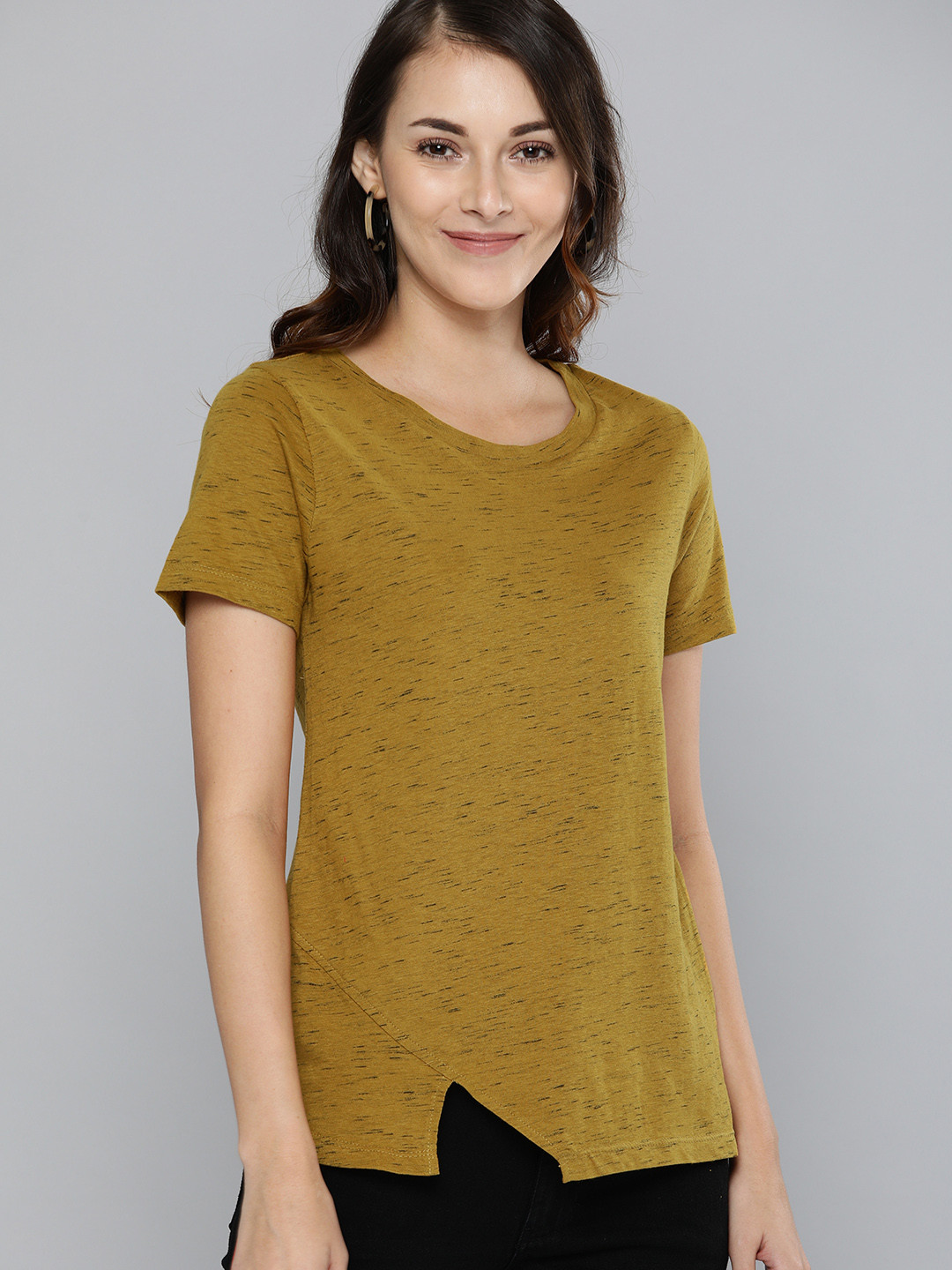 

Chemistry Women Mustard Printed Scoop Neck T-shirt