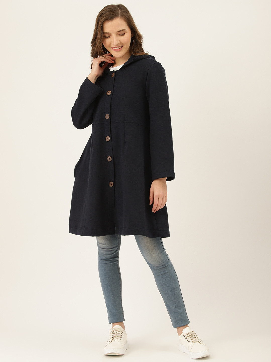 

The Dry State Women Navy Blue Solid Hooded Single-Breasted Overcoat