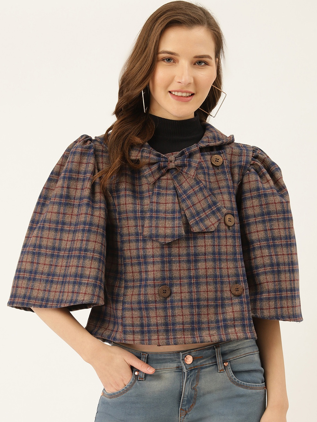 

The Dry State Women Taupe & Navy Blue Checked Puff Sleeved Tailored Jacket