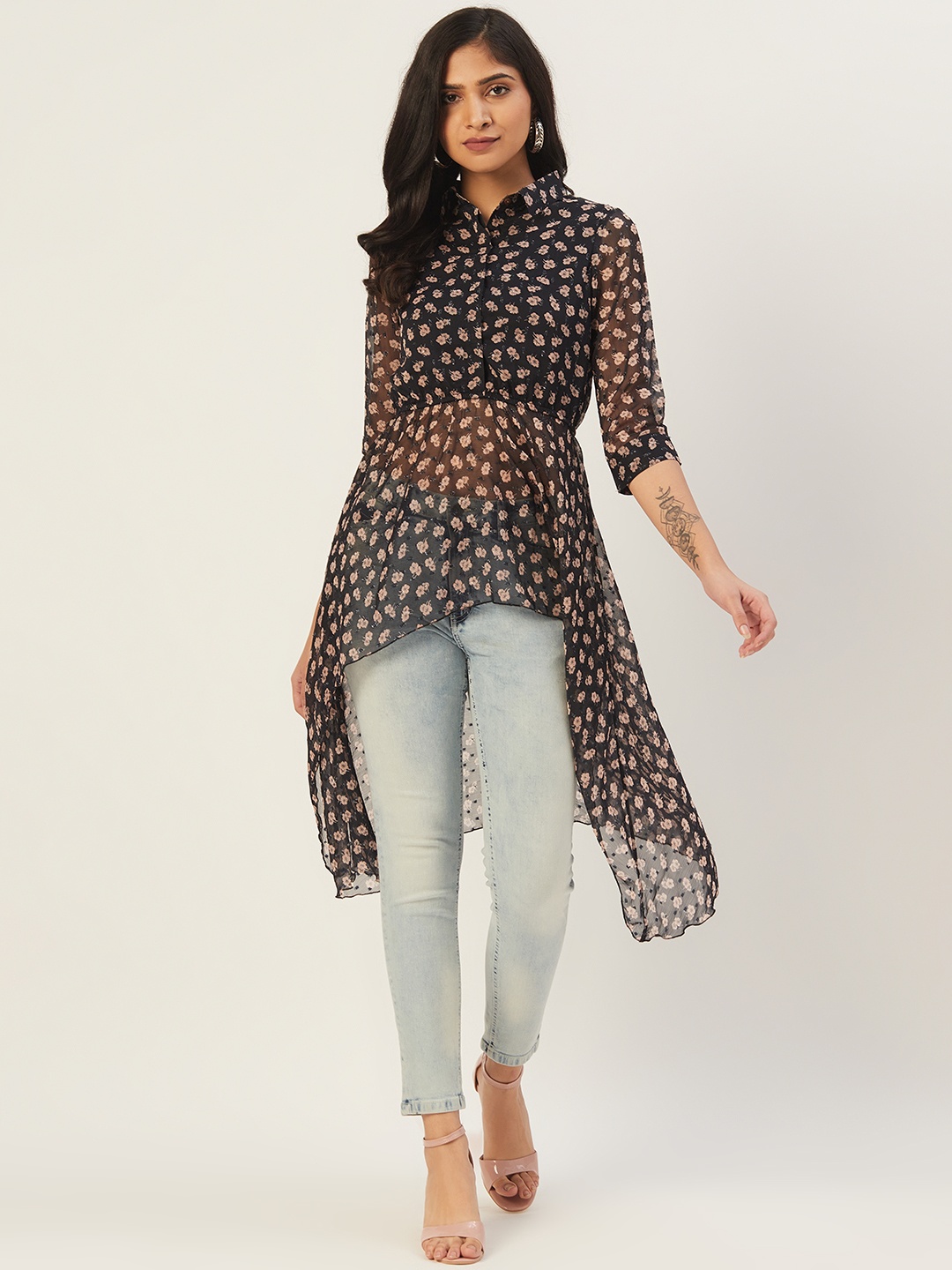 

DODO & MOA Women Black & Peach-Coloured Floral Semi-Sheer Longline A-Line Asymmetric Tunic