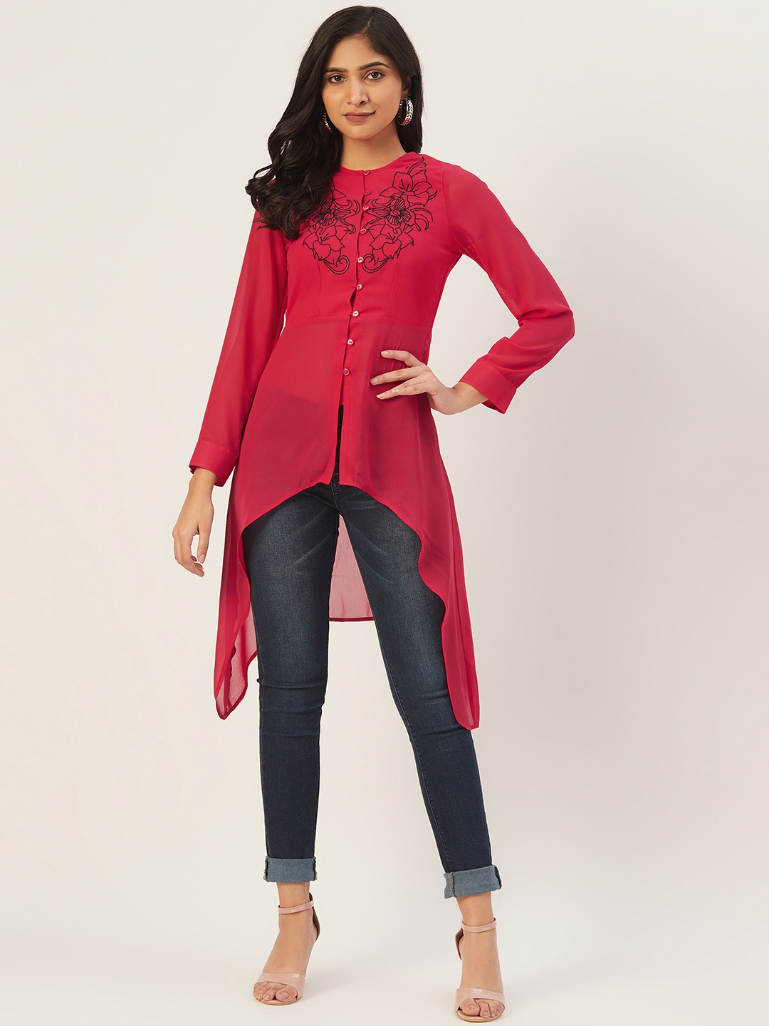 

DODO & MOA Pink & Black Embroidered Detail Semi-Sheer A-Line Asymmetric Tunic