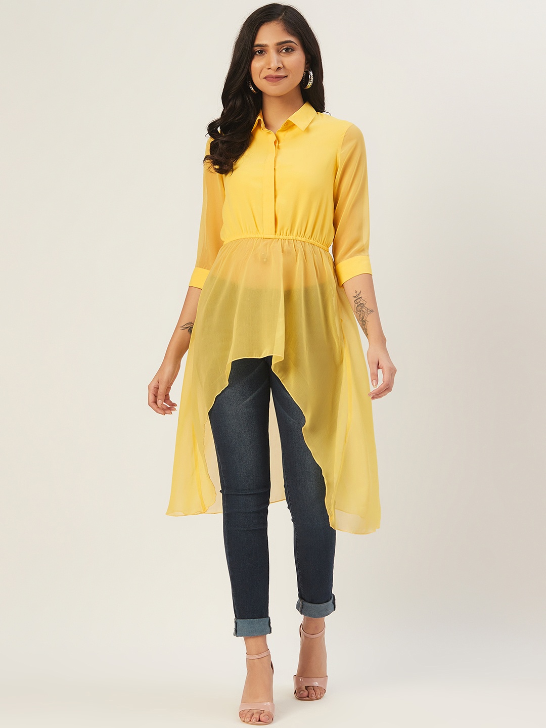 

DODO & MOA Women Yellow Solid Semi-Sheer Longline A-Line Asymmetric Tunic