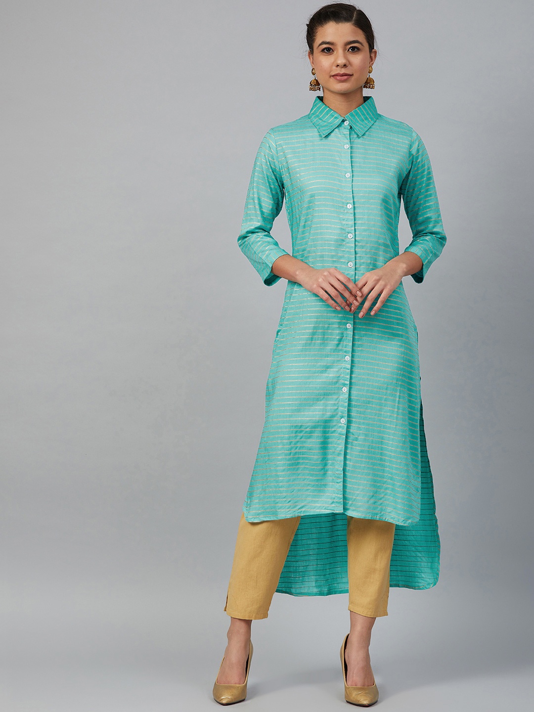 

Meeranshi Women Blue & Golden Striped Pathani Kurta, Turquoise blue