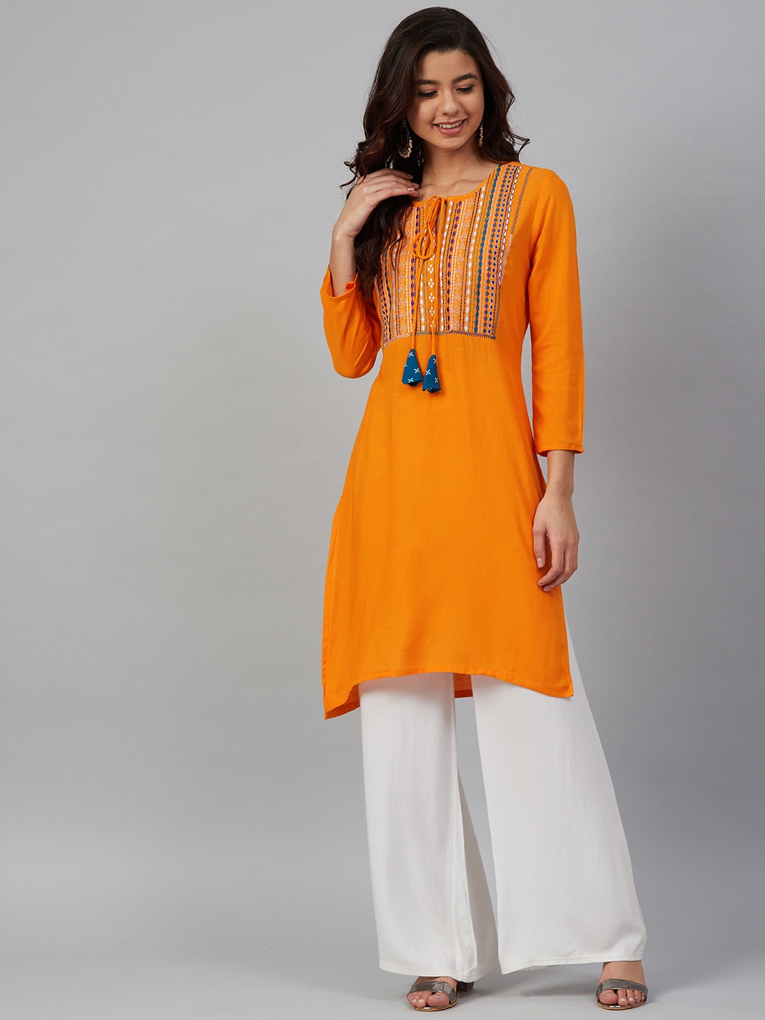 

Meeranshi Women Orange & Navy Blue Yoke Design Straight Kurta