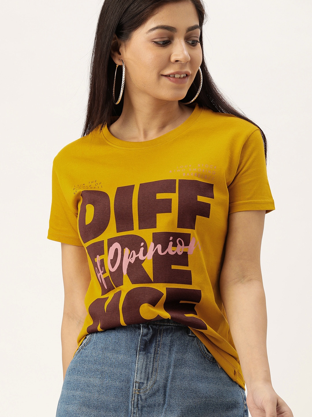 

Difference of Opinion Women Mustard Yellow Brand Logo Printed Round Neck Pure Cotton T-shirt