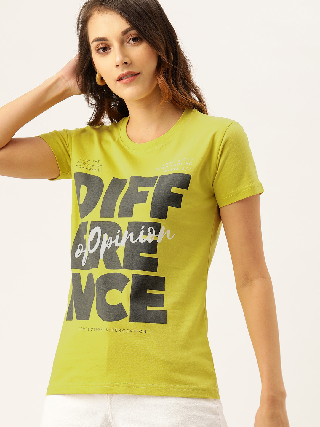 

Difference of Opinion Women Yellow Brand Logo Printed Round Neck Pure Cotton T-shirt