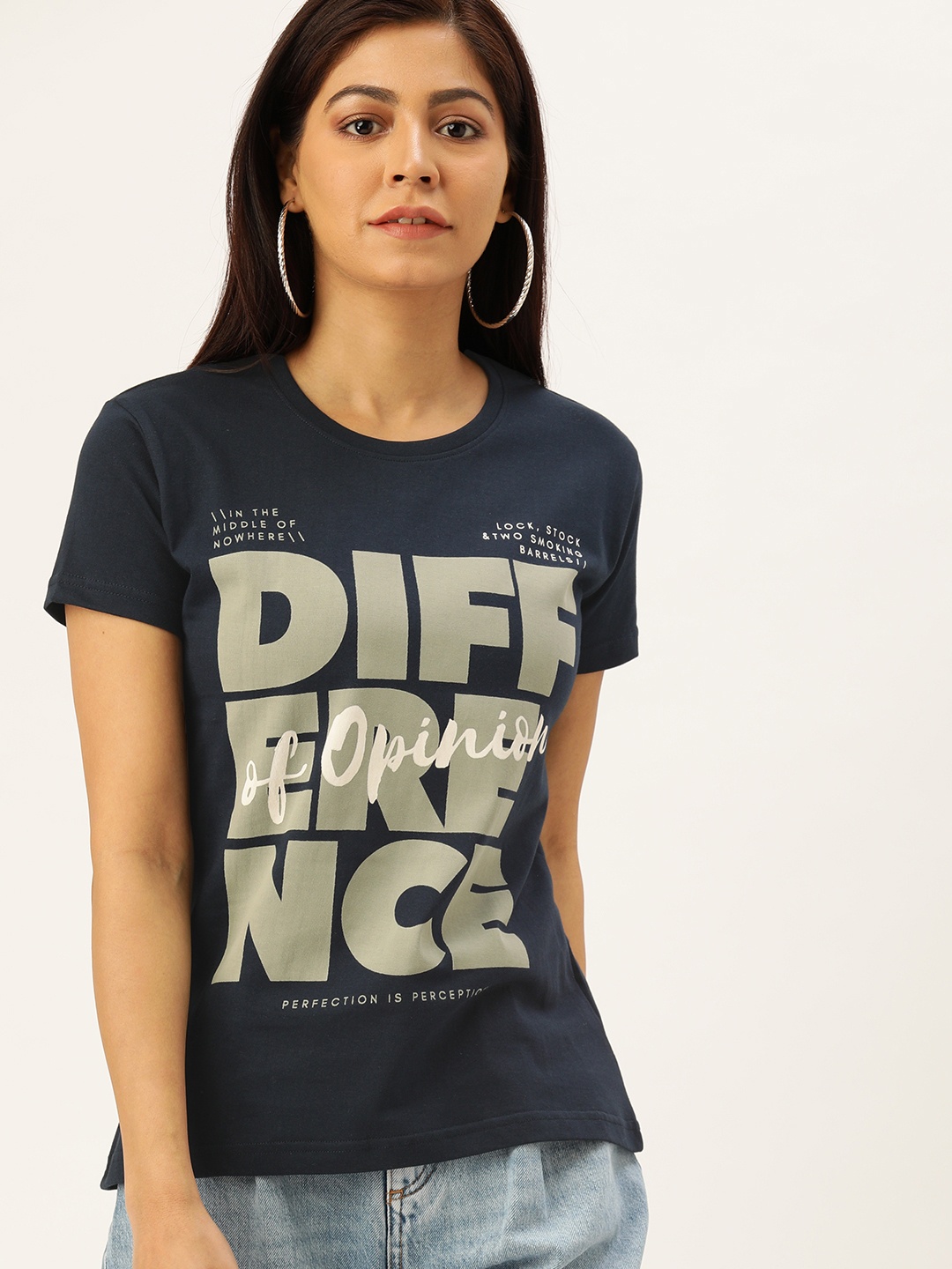 

Difference of Opinion Women Navy Blue Brand Logo Printed Round Neck Pure Cotton T-shirt